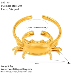 Detailed view of 18k gold plated crab shape stainless steel ring with size dimensions