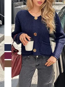 Cardigan En Grosse Maille Pour Femmes Pull Col En V Vêtements D'extérieur Décontractés À Manches Longues Avec Boutons Dorés