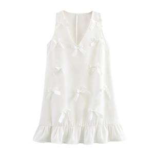 Robe Mini Blanche Sans Manches Col En V Avec Décoration De Nœud Matériau Tweed Ourlet À Volants Style Baby Doll Élégant Pour Femmes