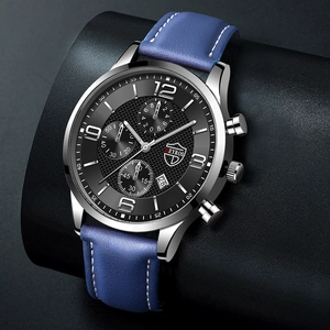 Montre à quartz pour hommes avec bracelet en cuir bleu, boîtier en acier et cadran calendrier noir