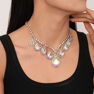 Luxury V-shape fringe necklace with sparkling crystal waterdrop pendant for women