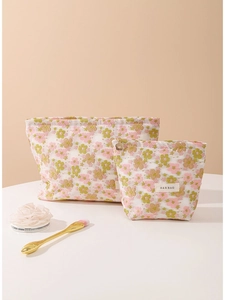 Floral jacquard cosmetic bag set with two sizes and elegant flower patterns in pink and green