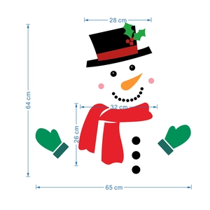 Detailed dimension guide for Christmas snowman magnetic stickers showing height 64 cm and width 65 cm