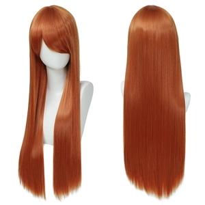Front and back view of long straight orange cosplay wig with bangs on a mannequin