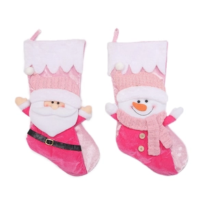 Pink Christmas stockings set with plush Santa and snowman hanging ornaments for tree decor