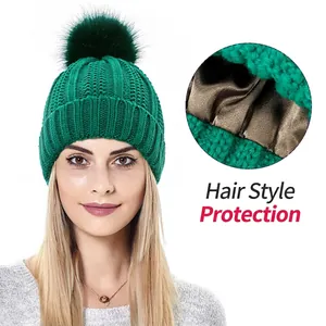 Women Winter Knit Beanie Hat With Faux Fur Pom-pom Satin Lined Satin Lining For Hair Protection Anti-static Stretchy Slouchy