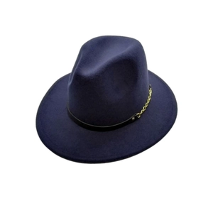 Close-up of navy blue wool fedora hat featuring black leather band and gold chain detail