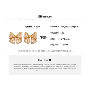Detailed view of pearl and zircon bow earrings with precise size and weight parameters