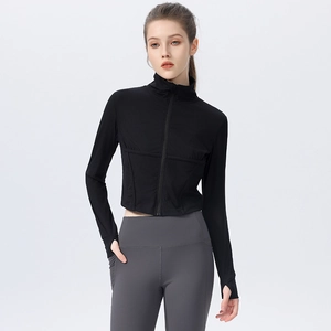 Slim fit black yoga jacket with stand collar and thumb holes for women’s fitness training