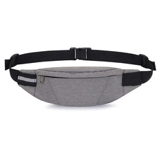 Detailed close-up of grey waterproof oxford waist bag with adjustable black strap and buckle