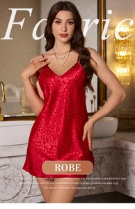 Detailed close-up of red leopard print satin nightgown with elegant V-neck and thin straps