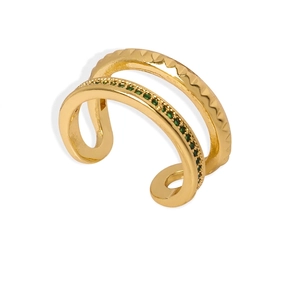Fashion Double Layer Geometric Copper Open Ring For Women Colorful Green Rhinestone Inlaid Elegant Adjustable Jewelry Accessory