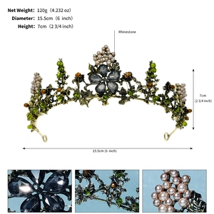 Detailed specs of vintage bridal crown with green rhinestones and pearls dimensions