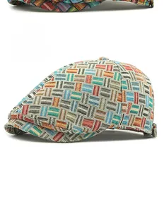 Close-up of the vintage blue plaid knit fabric on the retro style beret cap