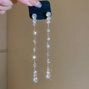 Elegant silver long tassel drop earrings with sparkling zircon teardrop crystals