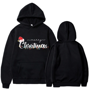 Black Christmas hoodie featuring Merry Christmas holiday print with front and back views