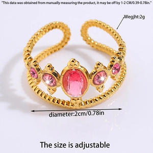 Detailed view of adjustable golden titanium ring with pink gemstones and size parameters