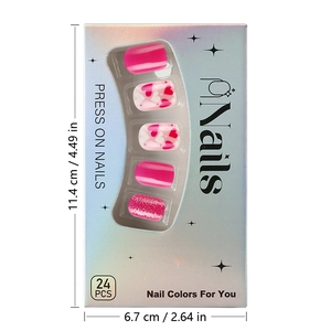 Pink heart press-on nails set with glitter details and 24 pieces in a holographic box