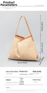 Detailed size chart for the large canvas tote bag with precise product dimensions