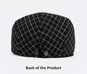 Rear view of black and white checkered flat cap with adjustable metal strap buckle
