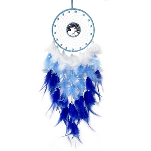 Blue and white gradient dream catcher with life tree woven design and soft feathers