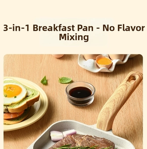 Three-in-one non-stick breakfast pan with maifan stone coating and ergonomic wood-texture handle