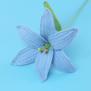 Handmade blue crochet lily flower with green stem for home table decoration