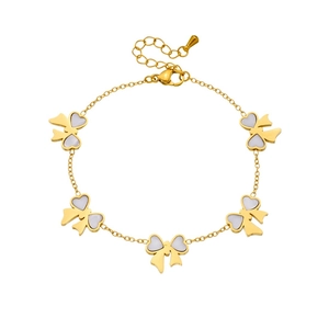 Gold butterfly bracelet with white mother of pearl charms on a delicate link chain