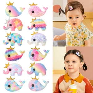 Colorful glitter whale and elephant hair clips with golden crowns for girls