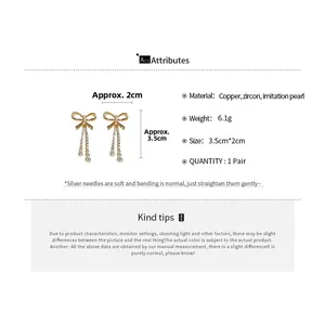 Detailed spec sheet showing bowknot pearl earrings with dimensions and material info