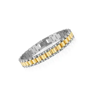 Detail of two-tone stainless steel men's bracelet with classic link pattern