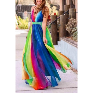 Deep V-neck rainbow mesh maxi dress for women featuring a sexy backless gradient design