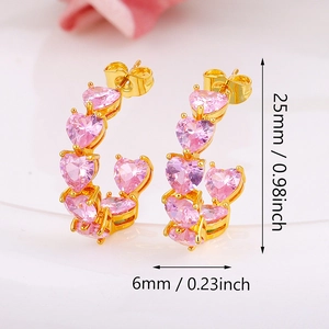 Pink heart-shaped zircon hoop earrings in gold finish with 25mm length dimensions