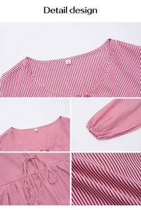 Detail view of red striped shirt featuring woven texture, lantern sleeves and S size label
