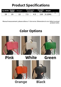 Size guide for PU leather crossbody bag showing dimensions and five color options