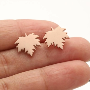 Minimalist rose gold maple leaf stud earrings in polished stainless steel for women