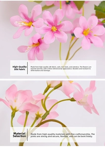Primer plano de pétalos de flor de cerezo de seda rosa y tallos verdes flexibles y doblables
