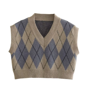 Argyle V-Neck Sweater Vest Polyester Cropped Knit Tank Top Preppy Vintage Sleeveless Top Women