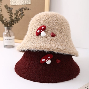 Cute mushroom plush bucket hat in beige and burgundy with heart embroidery detail