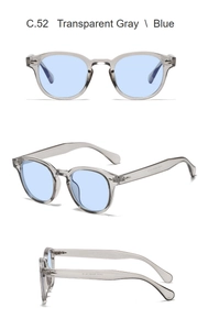 Détails des lunettes de soleil rondes gris transparent avec verres bleus et rivets