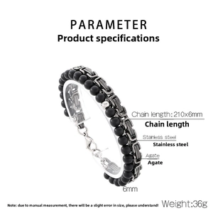 Detailed specs of Byzantine steel chain and black onyx bead bracelet with lobster clasp