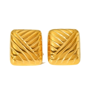 Minimalist 18k gold plated stainless steel square earrings with polished diagonal grooves