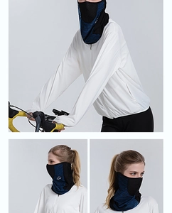 Detail shots of a blue and black cycling mask showing side views and mountain logo
