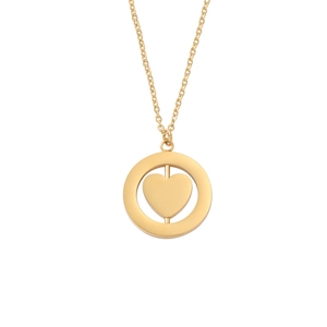 Macro detail of golden spinning heart pendant necklace with double-layered geometry