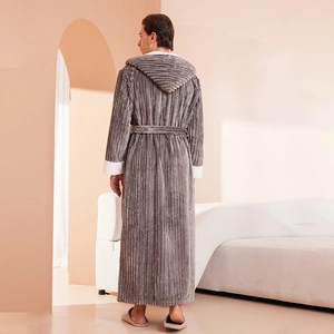 Mens dark grey hooded flannel bathrobe with vertical stripes and white cuffs