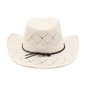 Detail of white woven straw cowboy hat with hollow diamond pattern and brown cord