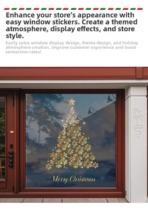 Close-up of golden snowflake Christmas tree window sticker with Merry Christmas text