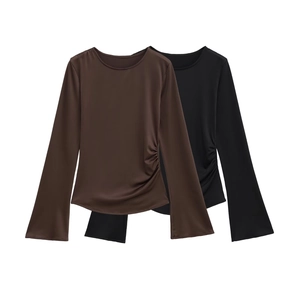 Women Ruched Long Sleeve T-Shirt Crew Neck Flare Sleeve Polyester Slim Fit Casual Streetwear Top