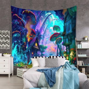 Detailed close-up of a psychedelic mushroom tapestry hanging on a bedroom wall decor