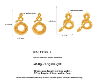 Détail de boucles d'oreilles serpent en acier doré avec dimensions et poids indiqués